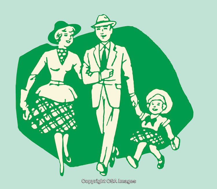 Vintage Styled Illustration of a Happy Family in Retro Outfits