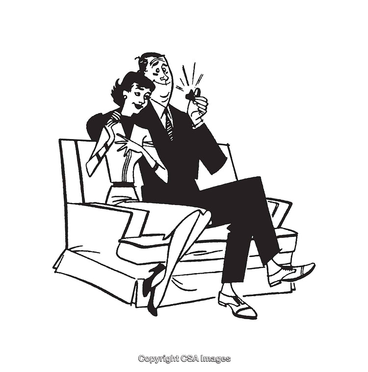 Retro Black and White Illustration of a Romantic Couple Sitting on a Sofa