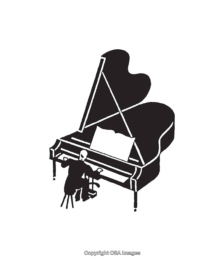 Black and White Line Art Illustration of a Pianist at a Grand Piano