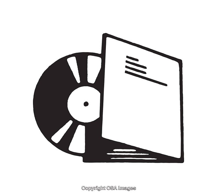Black and White Line Art Illustration of Vinyl Record and Sleeve