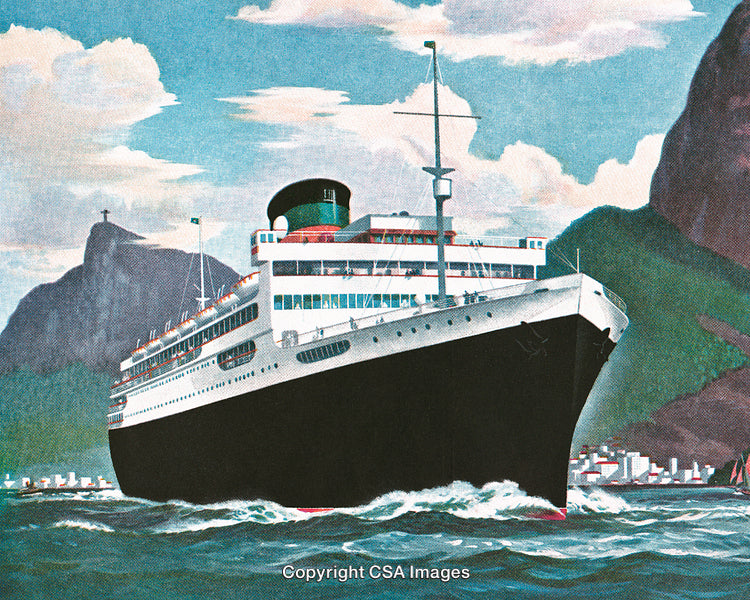 Luxurious Ocean Liner in Scenic Tropical Coastal Setting with Mountains