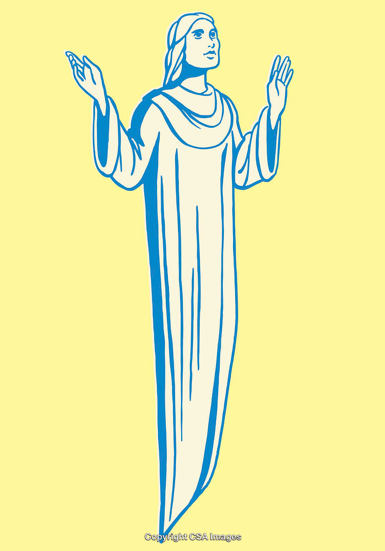 Illustration of a Praying Woman in Flowing Robes on Yellow Background