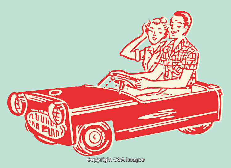 Retro Style Illustration of a Couple Driving a Vintage Car