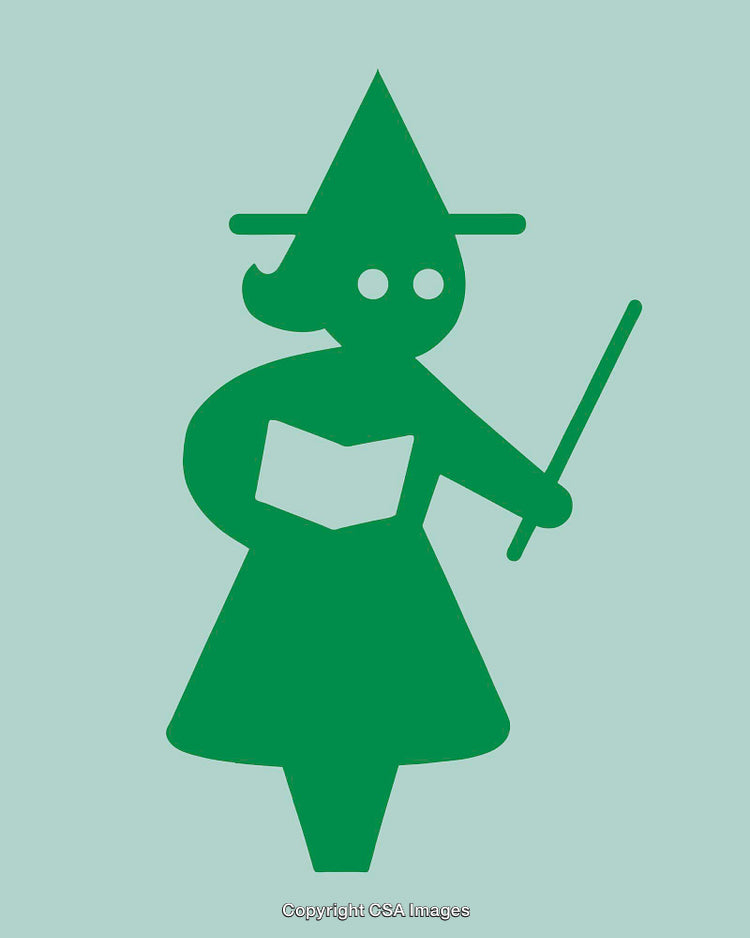 Green Line Art Illustration of a Witch Holding a Wand and Book