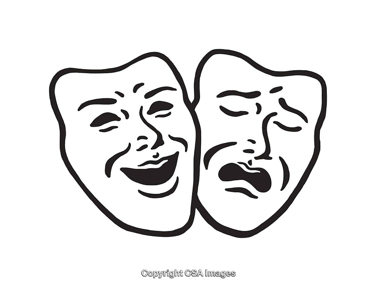 Black and White Line Art Drawing of Comedy and Tragedy Masks