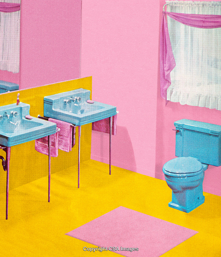 Stylized Retro Bathroom with Bright Colors and Vintage Fixtures