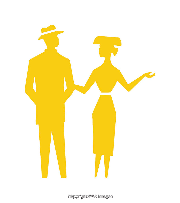 Minimalist Yellow Silhouette Icons Depicting a Man and Woman Discussion
