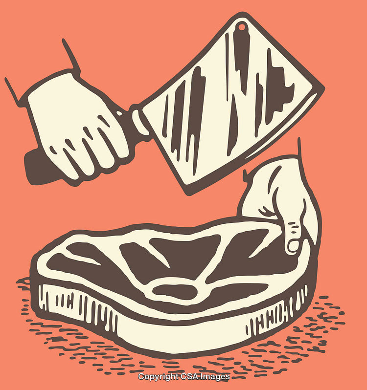 Illustration of Meat Preparation with Cleaver and Steak Focused on Butcher Work