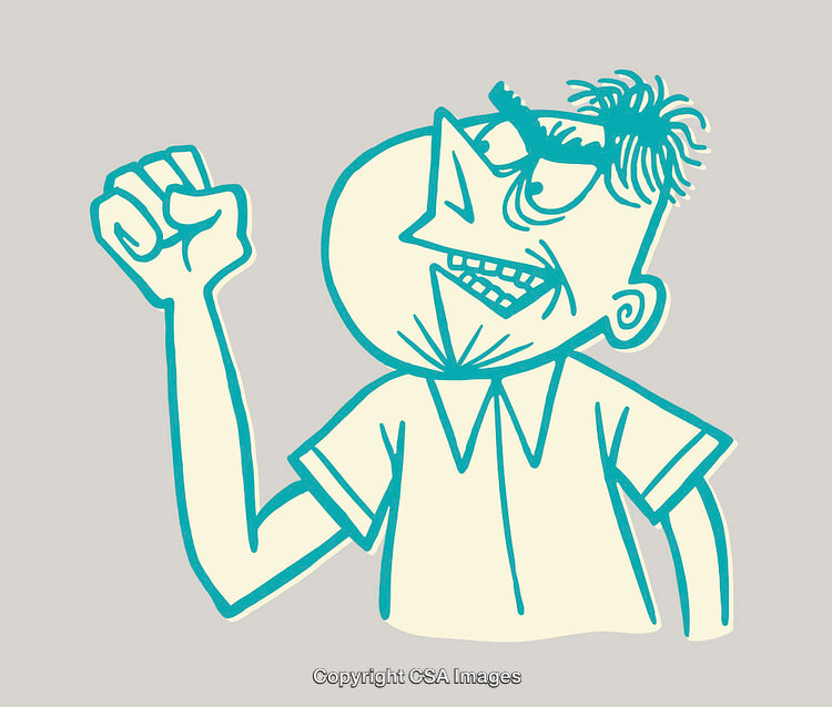 Line Art Illustration of Man Making a Defiant Gesture in Teal and Cream