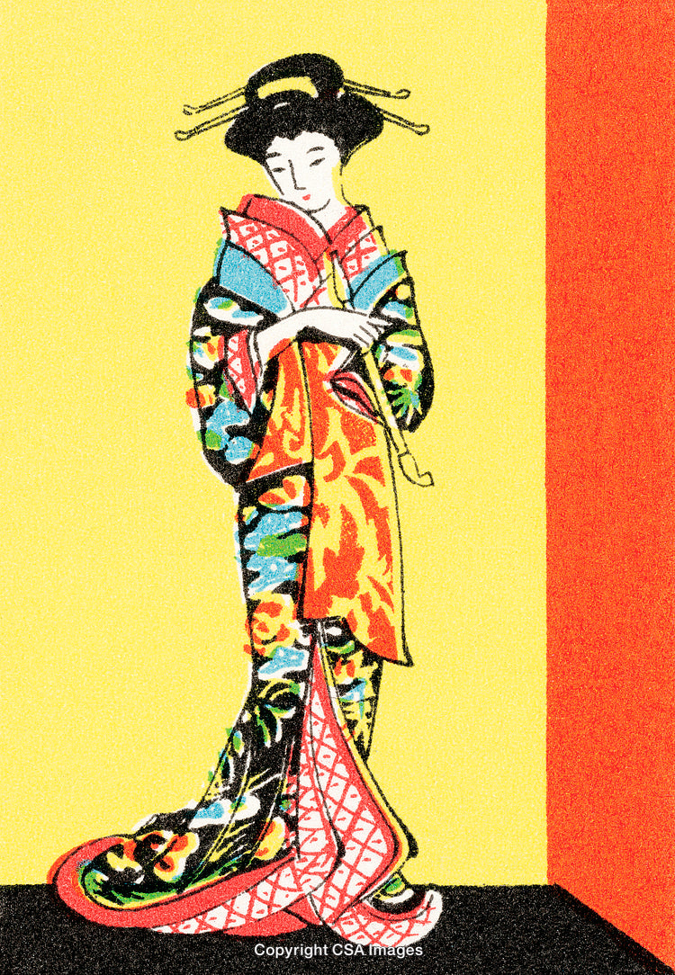Traditional Japanese Kimono Attire Illustration with Vibrant and Intricate Patterns