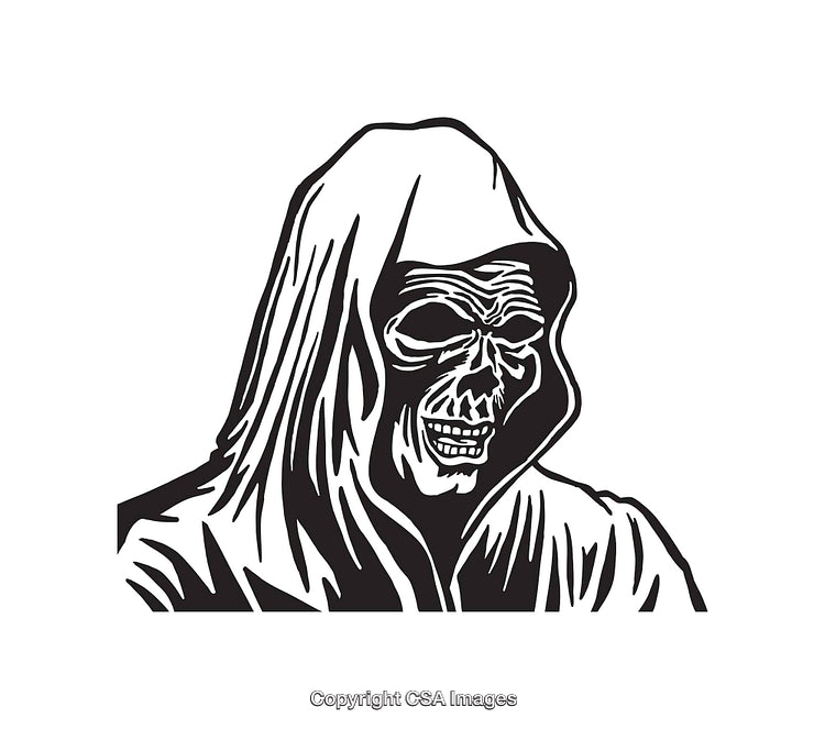 Monochrome Illustration of Grim Reaper in Hooded Cloak