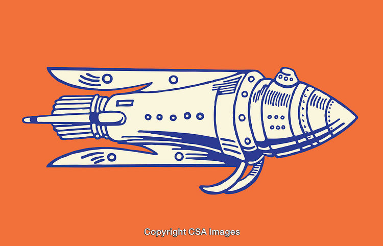 Vintage Rocket Illustration in Blue Vector Line Art on Orange Background