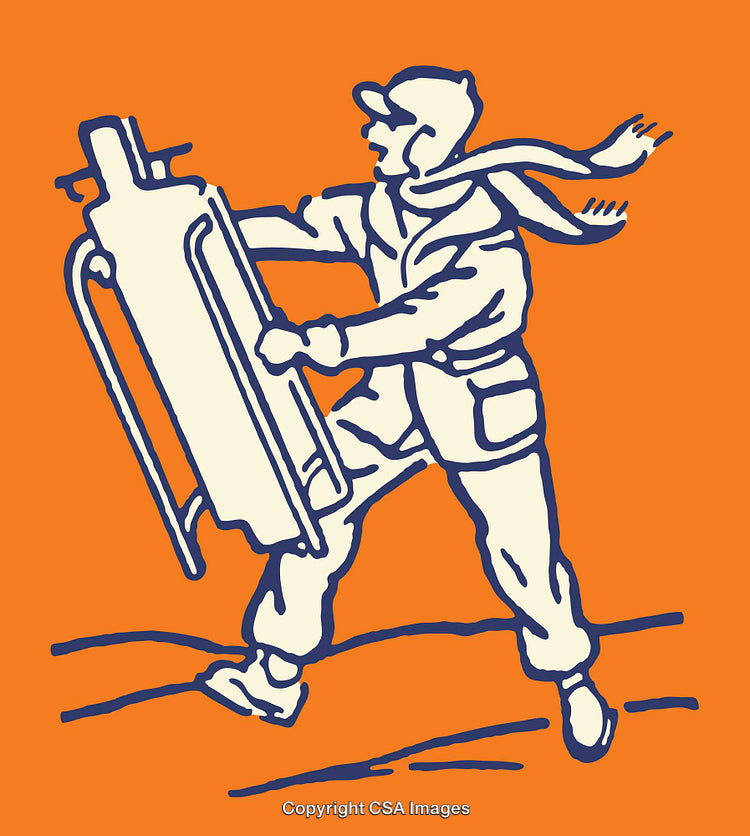 Vintage Illustration of Worker Carrying Equipment in Blue Lines on Orange Background