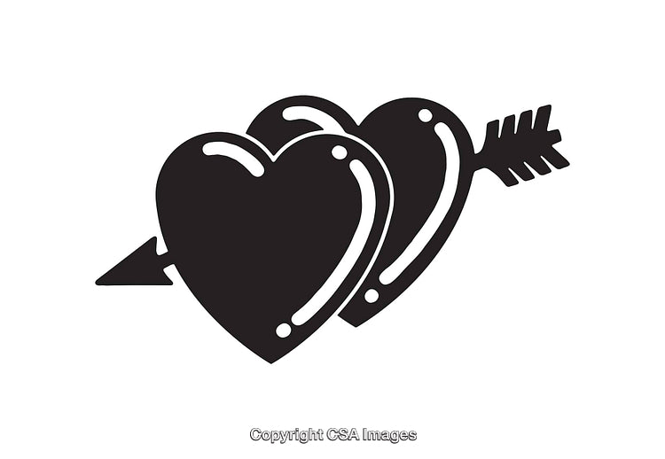 Black and White Illustration of Interlocking Hearts and Arrow