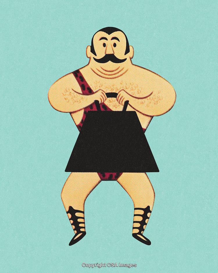 Strongman Cartoon Character Standing Holding Weights in Retro Style Art