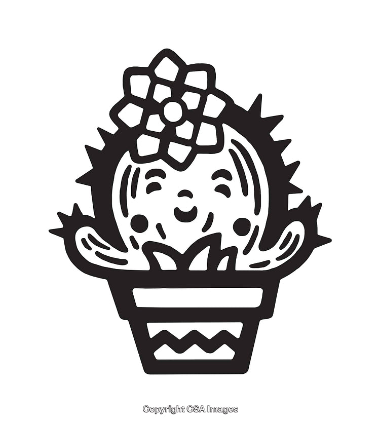 Line Art of Smiling Cactus in Decorative Pot with Flower Accent