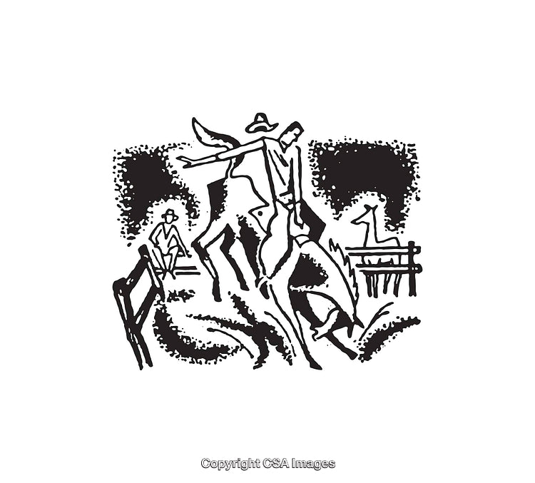 Abstract Black and White Line Art Depicting Rustic Countryside Activities