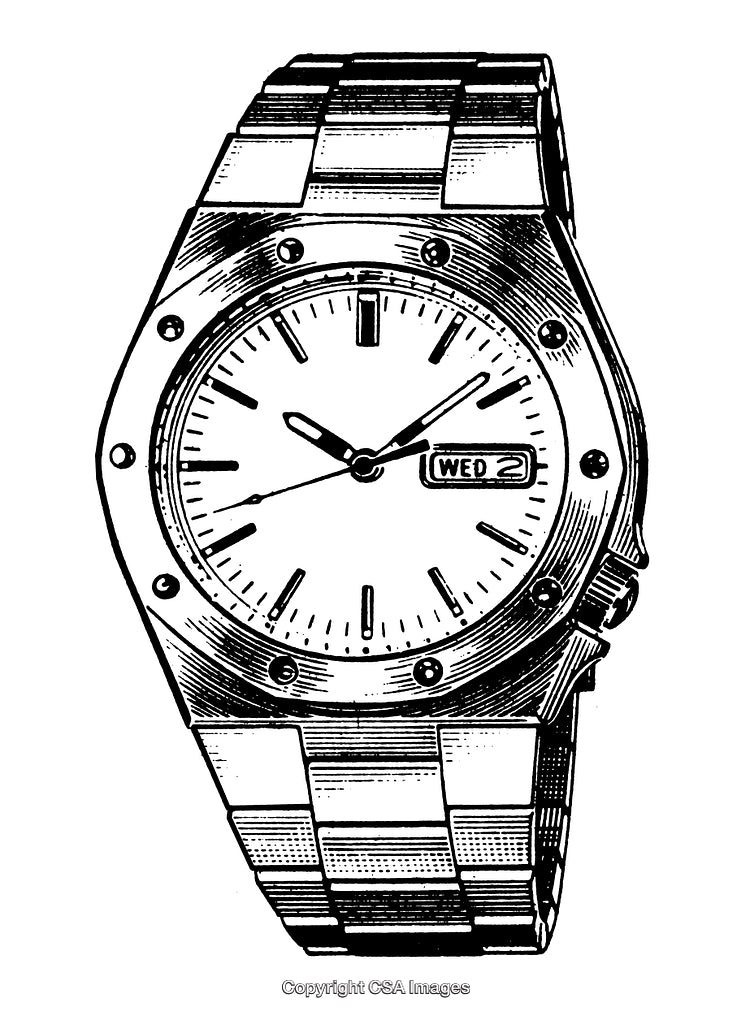 Black and White Engraving of a Watch with Day and Date Display