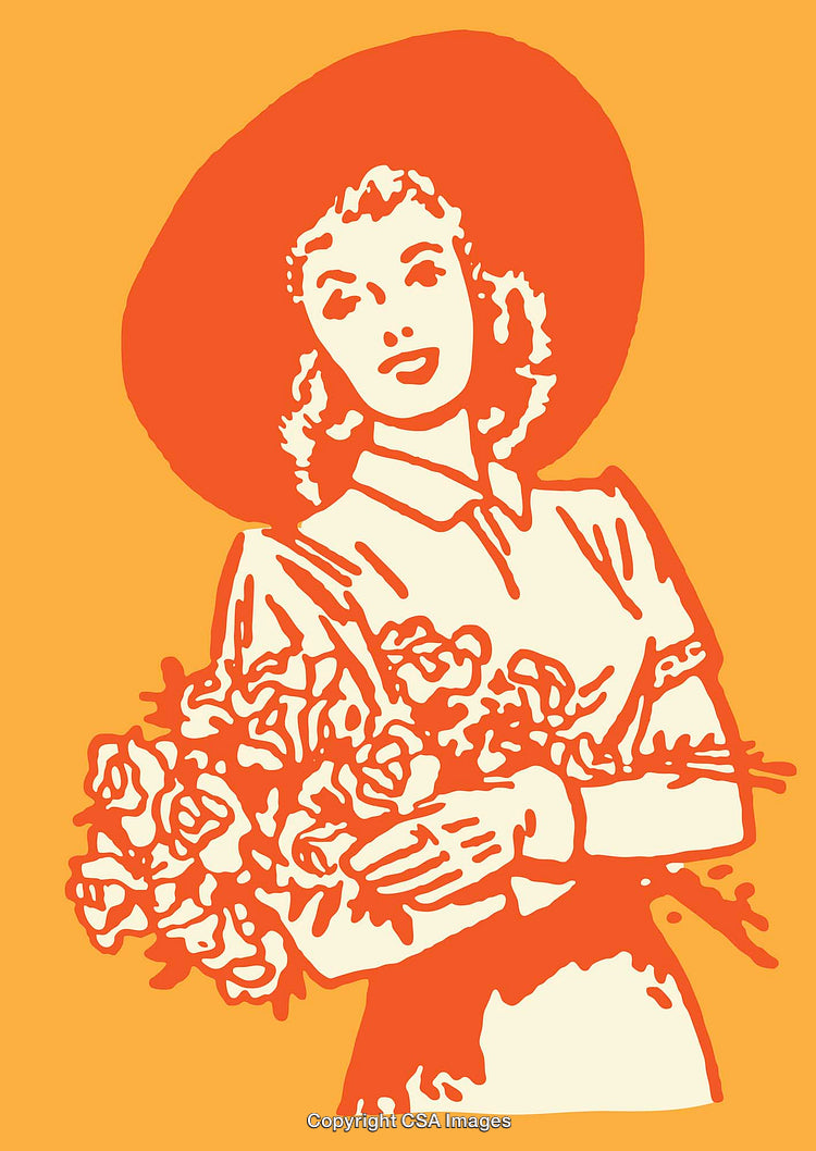 Vintage Illustration of Woman Holding Flowers in Line Art Style