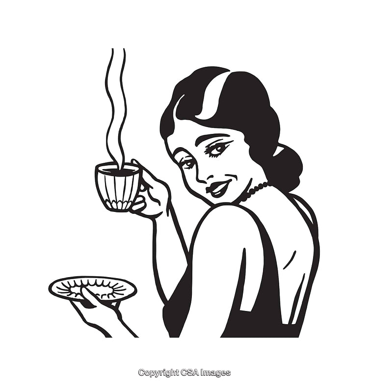 Vintage Line Art of Woman Holding Coffee Cup in Black and White