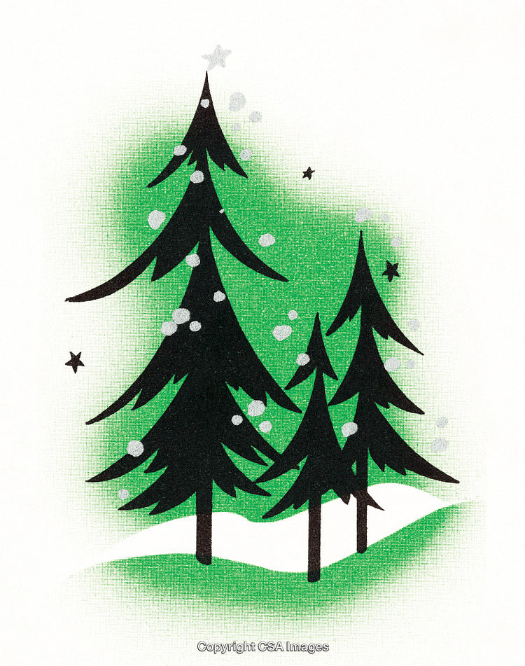Black Christmas Trees on Snowy Hills with Green Gradient Background