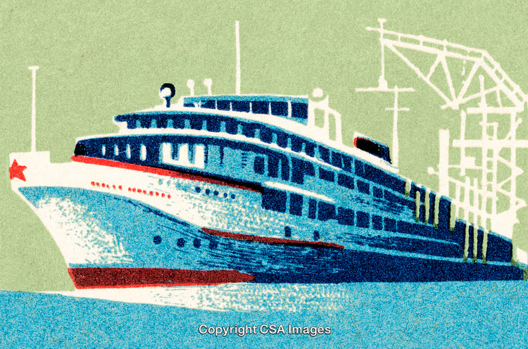 Retro Style Illustration of Ship at Dockyard with Blue and Green Colors