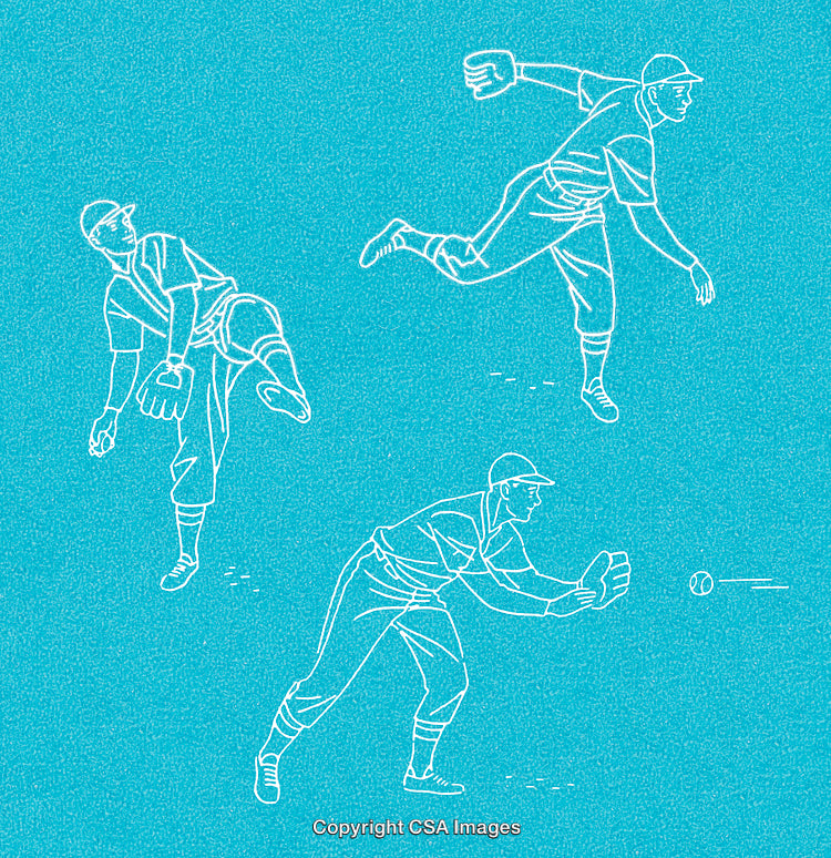 Vintage Baseball Players in Action Illustration on Blue Background