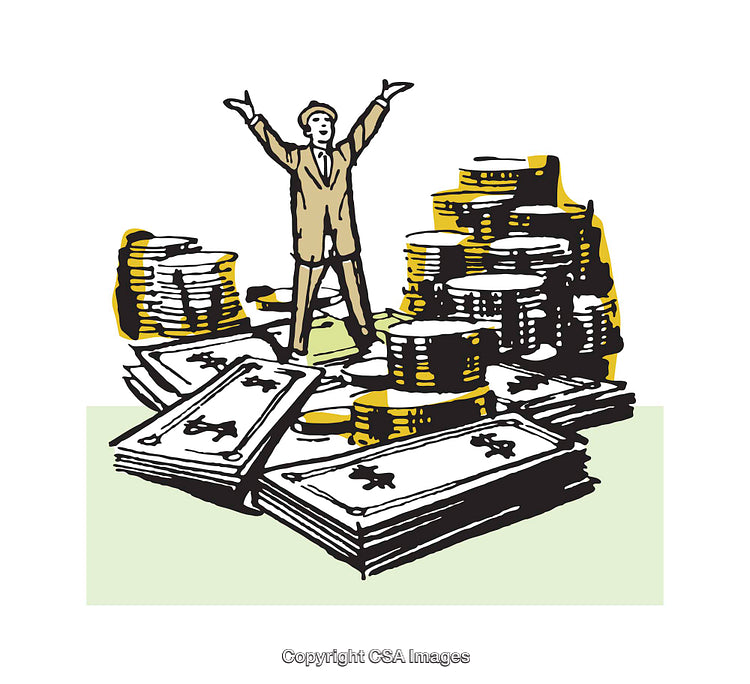 Illustration of a Man Standing Triumphantly Among Wealth Symbols