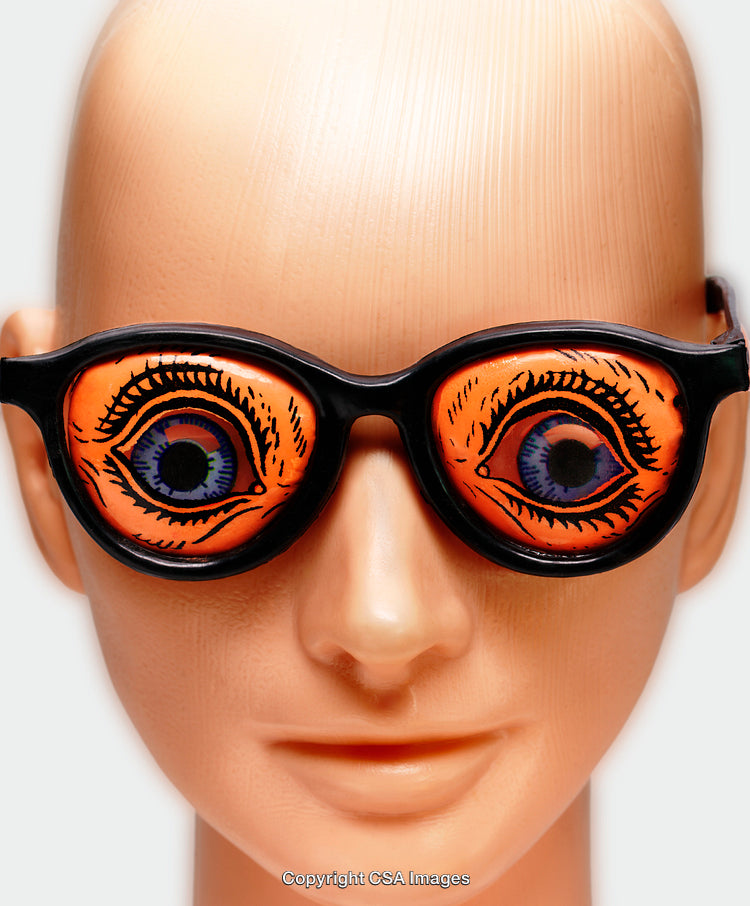 Plastic Mannequin Wearing Large Novelty Glasses with Colorful Illustrations