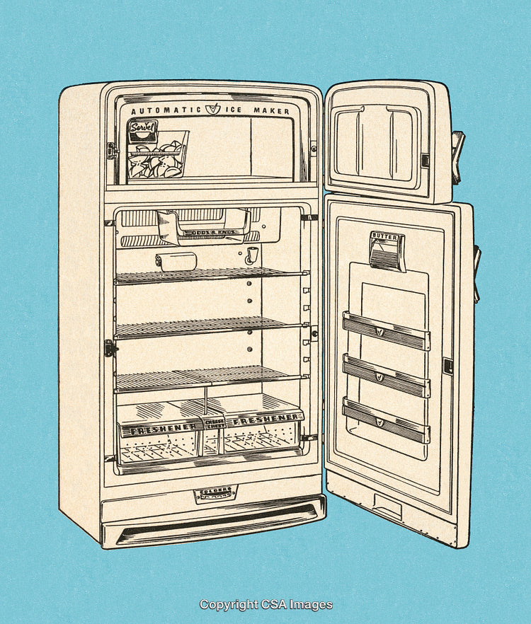 Retro Refrigerator Illustration with Open Door on Vibrant Blue Background