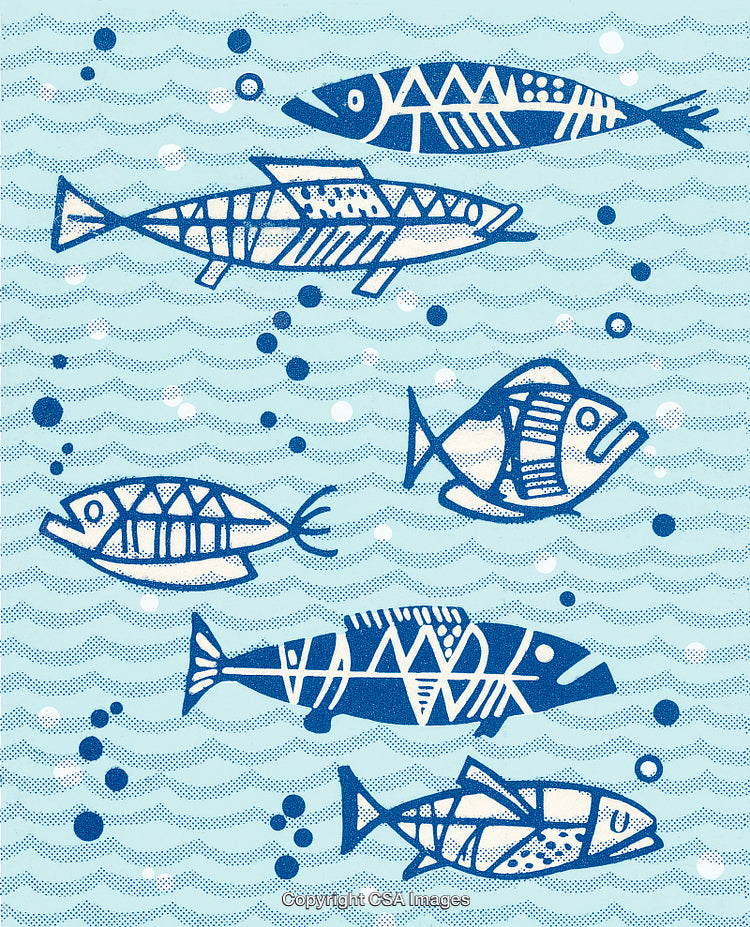 Decorative Illustration of Stylized Fish in Blue Tones with Abstract Patterns
