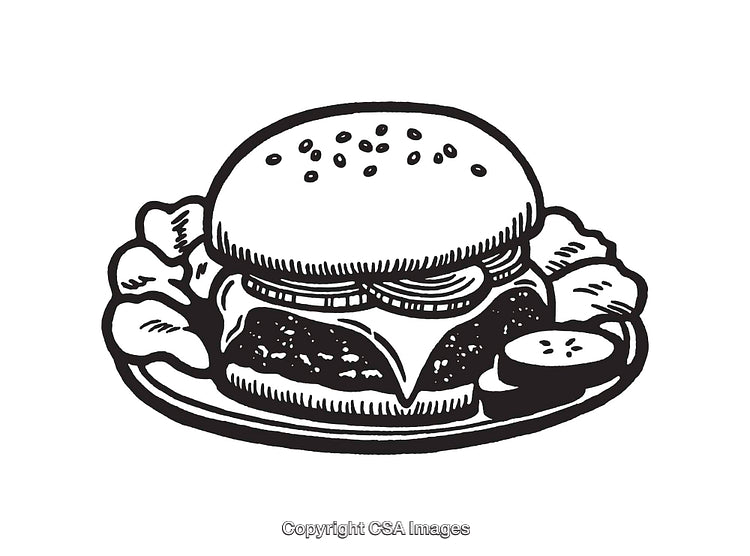 Detailed Black and White Illustration of a Classic Cheeseburger on a Plate
