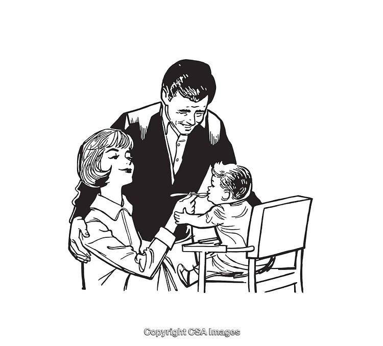 Parents Feeding Baby in High Chair Black and White Line Art