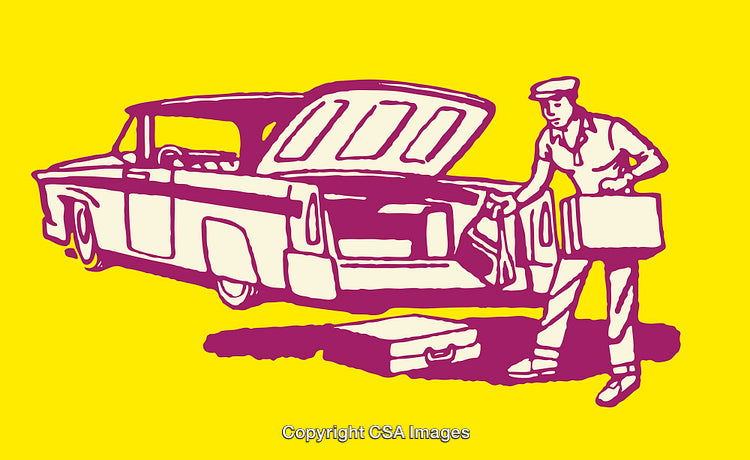Bright Graphic of a Person Loading Luggage Into a Vintage Car