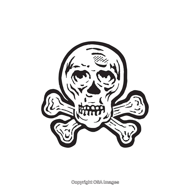 Hand-Drawn Skull and Crossbones Illustration in Black and White Line Art