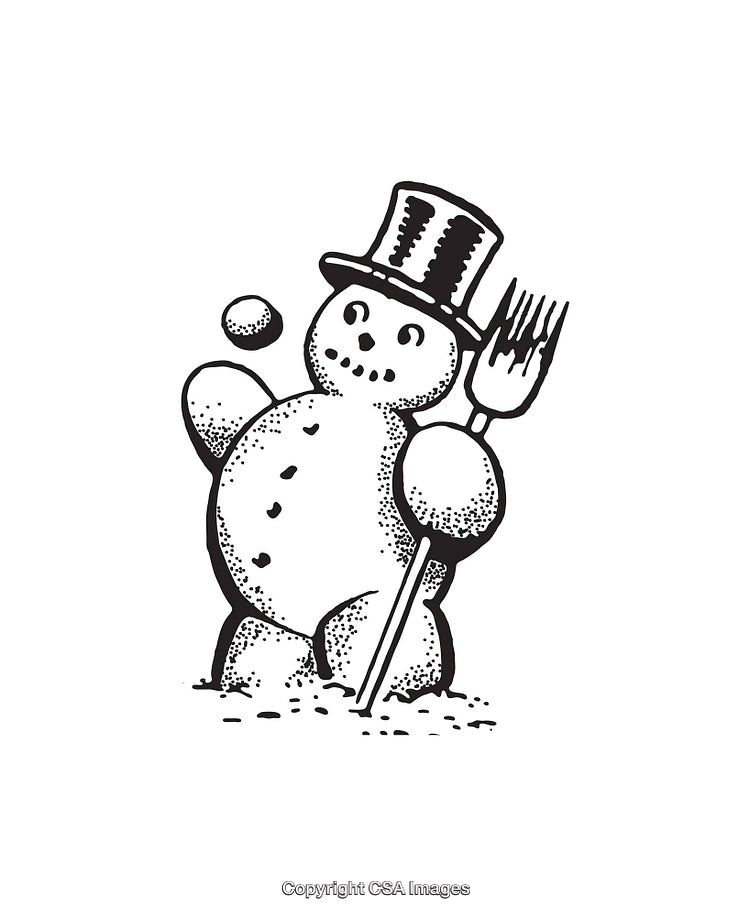 Whimsical Snowman Line Art Illustration Featuring Top Hat and Pitchfork