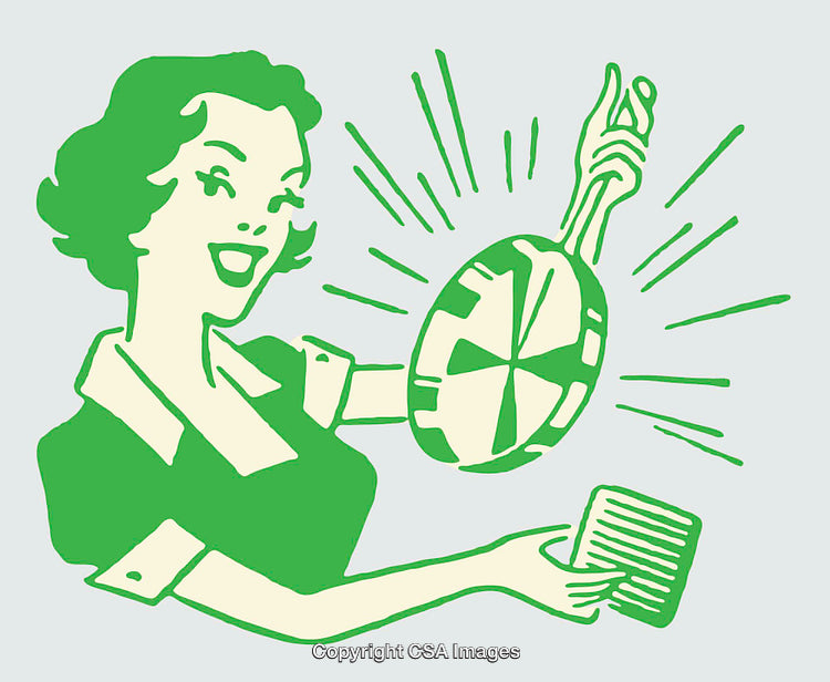Retro Themed Line Art of Woman Presenting Sparkling Frying Pan