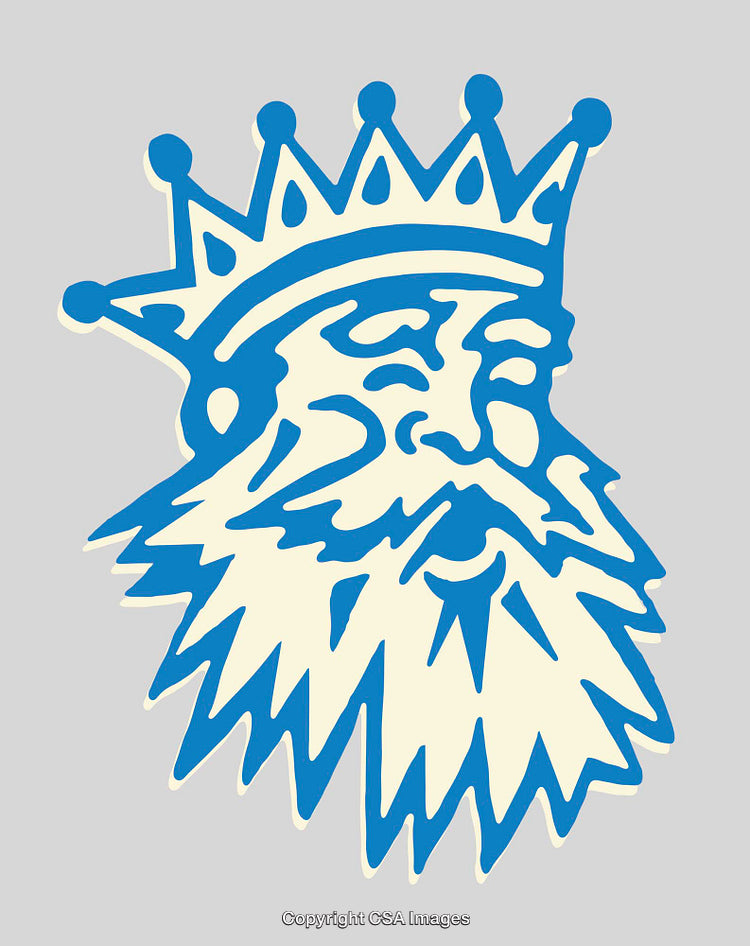 Blue Line Art Illustration of a Crowned Bearded Figure on Light Gray
