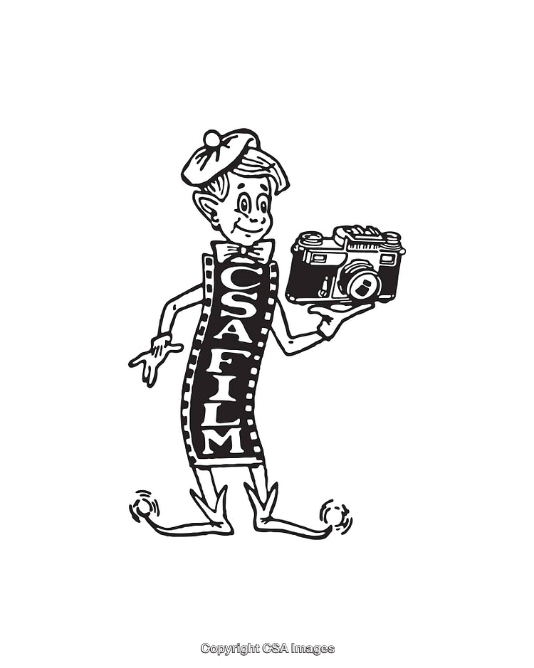 Retro Cartoon Style Film Character Holding a Camera Illustration in Black and White