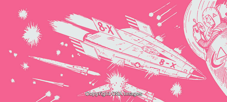 Retro Space Battle Scene in Colorful Pink Line Art Design