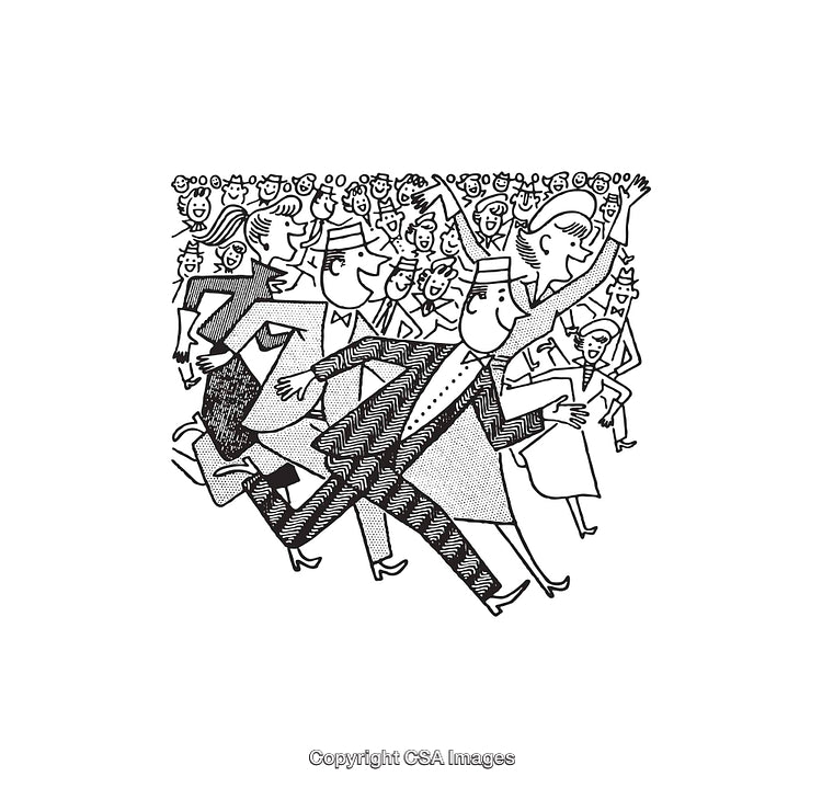 Black and White Line Art Depicting Celebratory Crowd in Motion