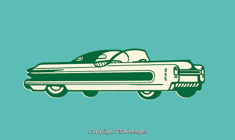 Retro Green and Beige Vintage Car Illustration on Teal Background