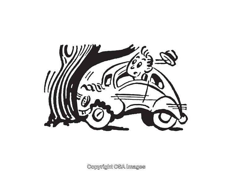 Black and White Illustration of a Car Accident Scene with a Tree