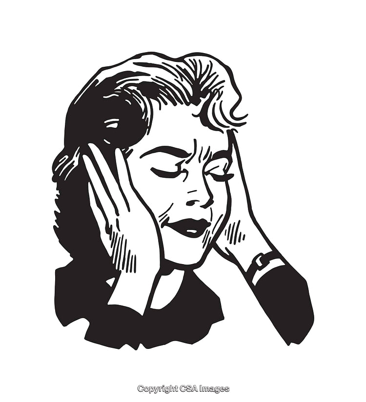 Retro Line Art of a Woman Covering Her Ears With a Pensive Look