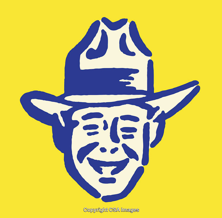 Smiling Cowboy Illustration in Yellow and Blue with Hat