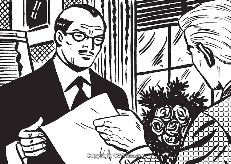 Retro Black and White Illustration of Two Men Discussing with Flowers Present