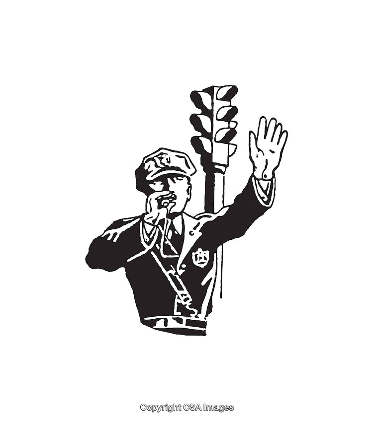 Black and White Line Art of a Policeman Managing Traffic