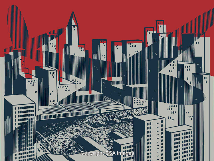 Abstract Illustration of Urban Cityscape with Airplane Silhouette