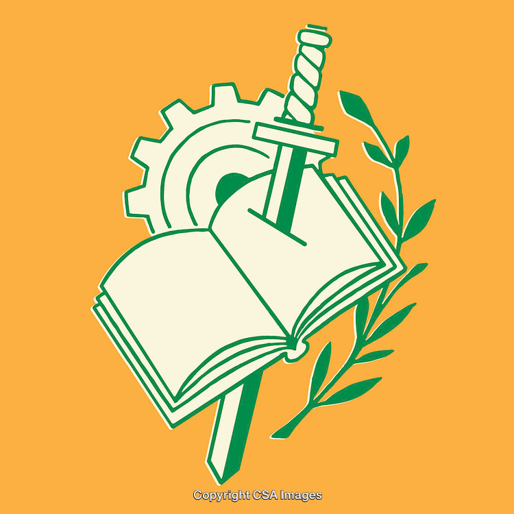 Illustrated Open Book, Sword, Gear, and Laurel on Orange Background