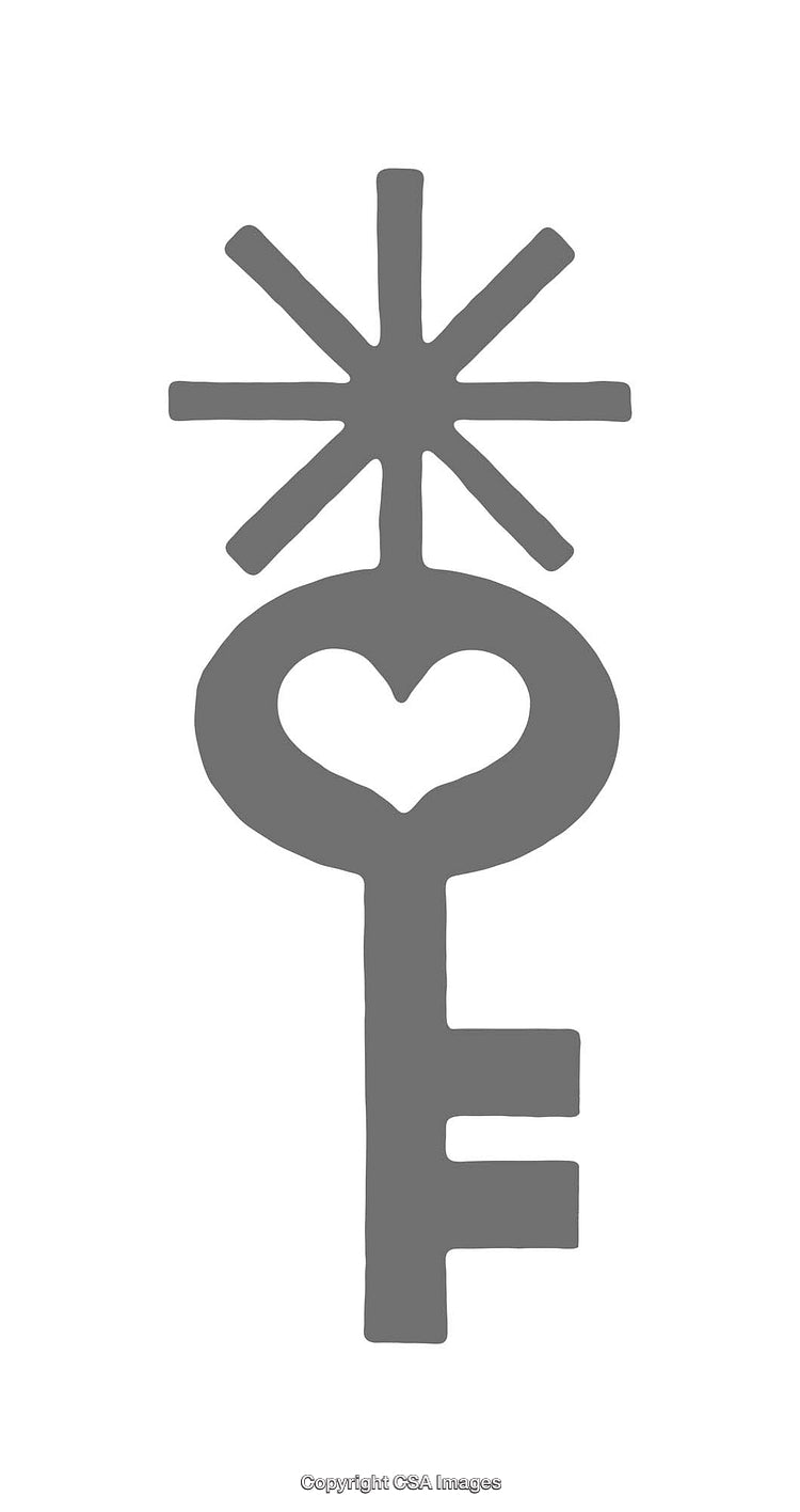 Gray Key Icon Featuring Heart and Six-Pointed Star on White Background